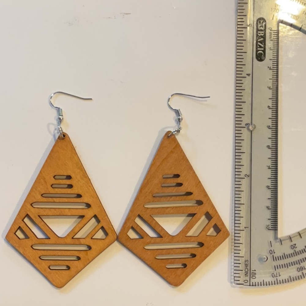 Brown Geometric Wooden Earrings with Intricate Design